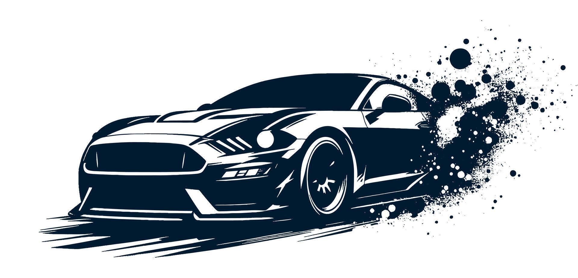 A black and white drawing of a car with splashes vector