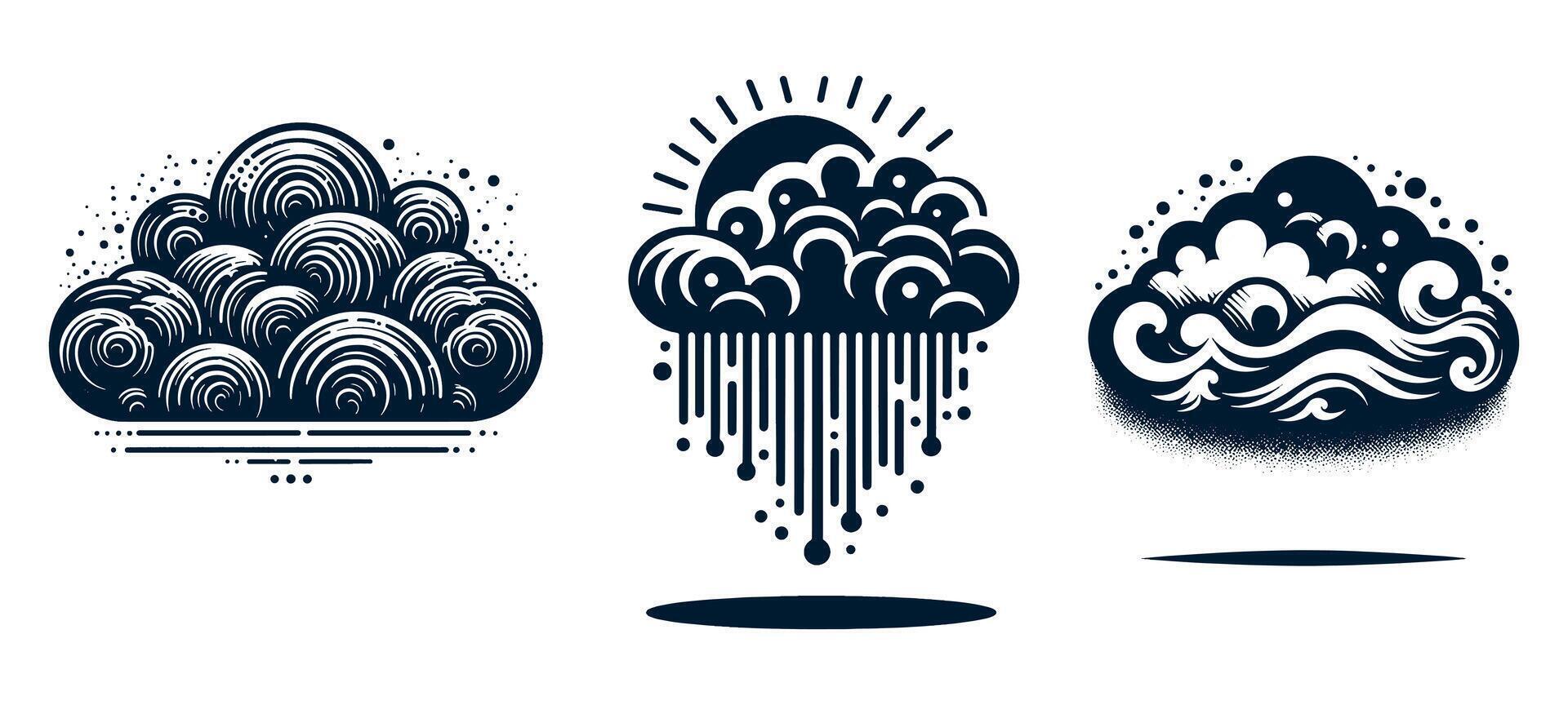 Set of rain clouds, waves and sun illustration vector