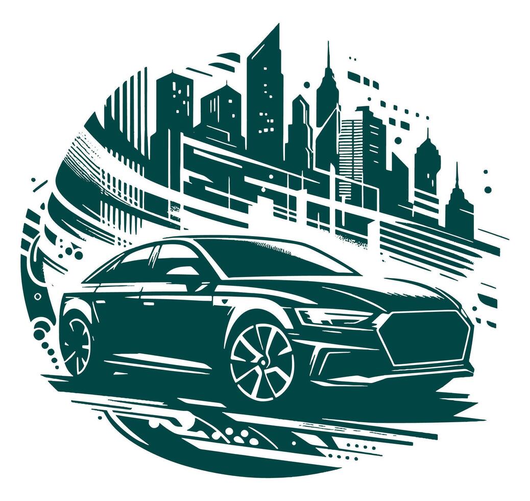 An illustration of a car driving through the city vector