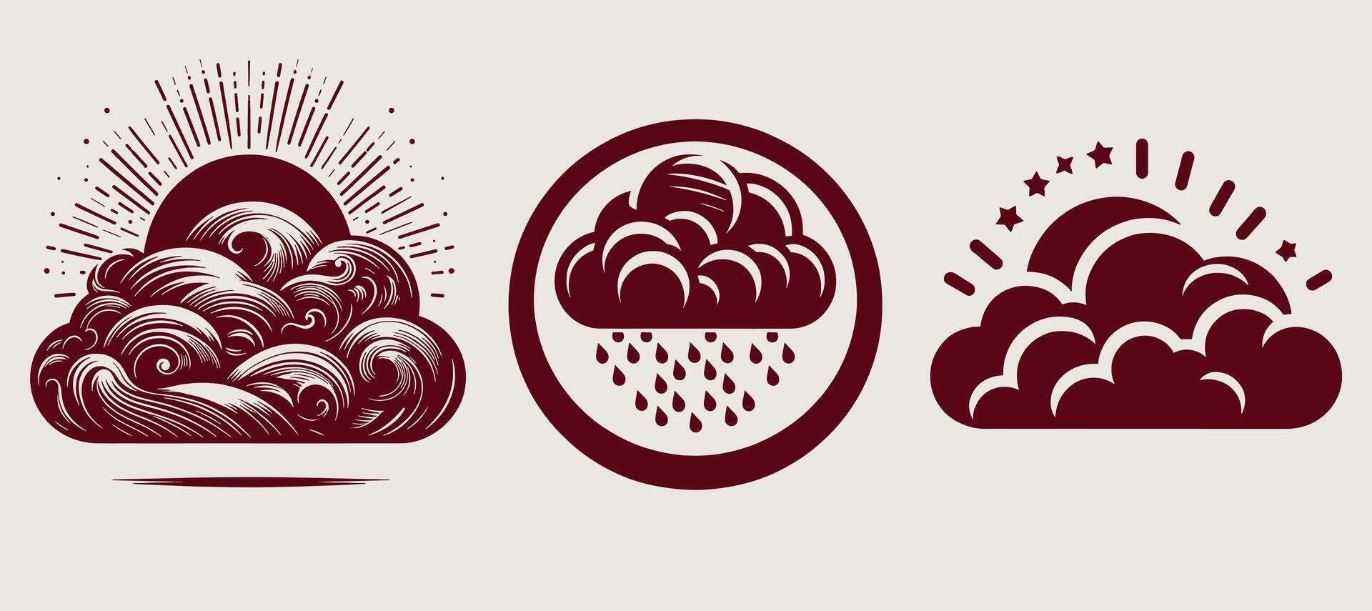 Three different types of clouds and rain on a gray. vector