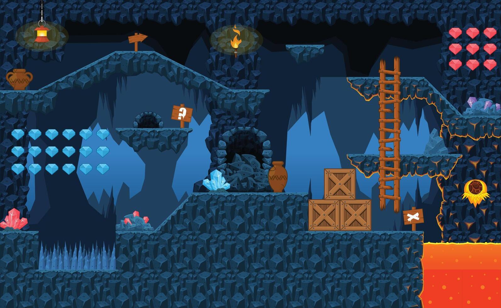 Volcano Cave Platformer Game Tileset vector