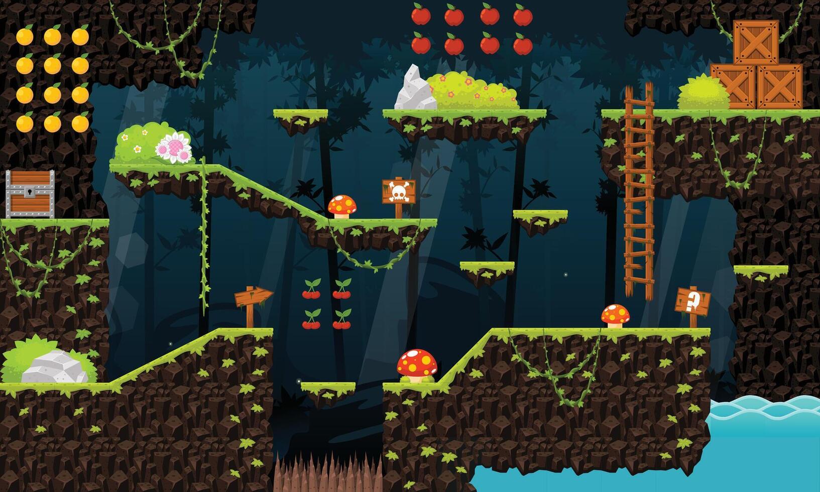 Rainforest Night Platformer Game Tileset vector