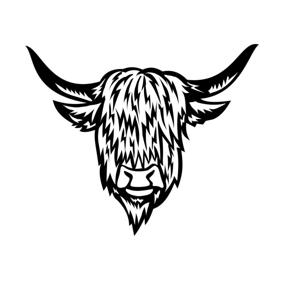 Long Haired Highland Cattle Head Front Retro Woodcut Style vector