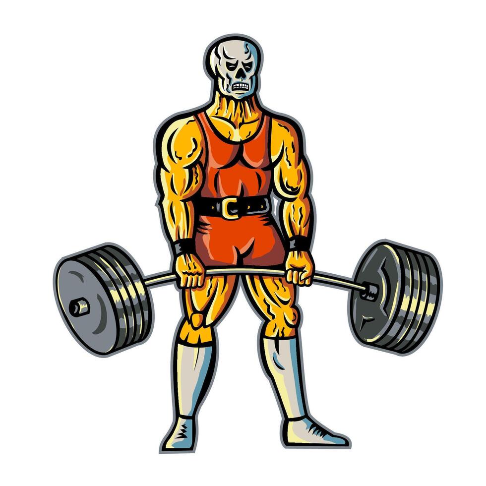 Skeleton Skull Powerlifter Performing Deadlift with Barbell Front Retro Mascot vector