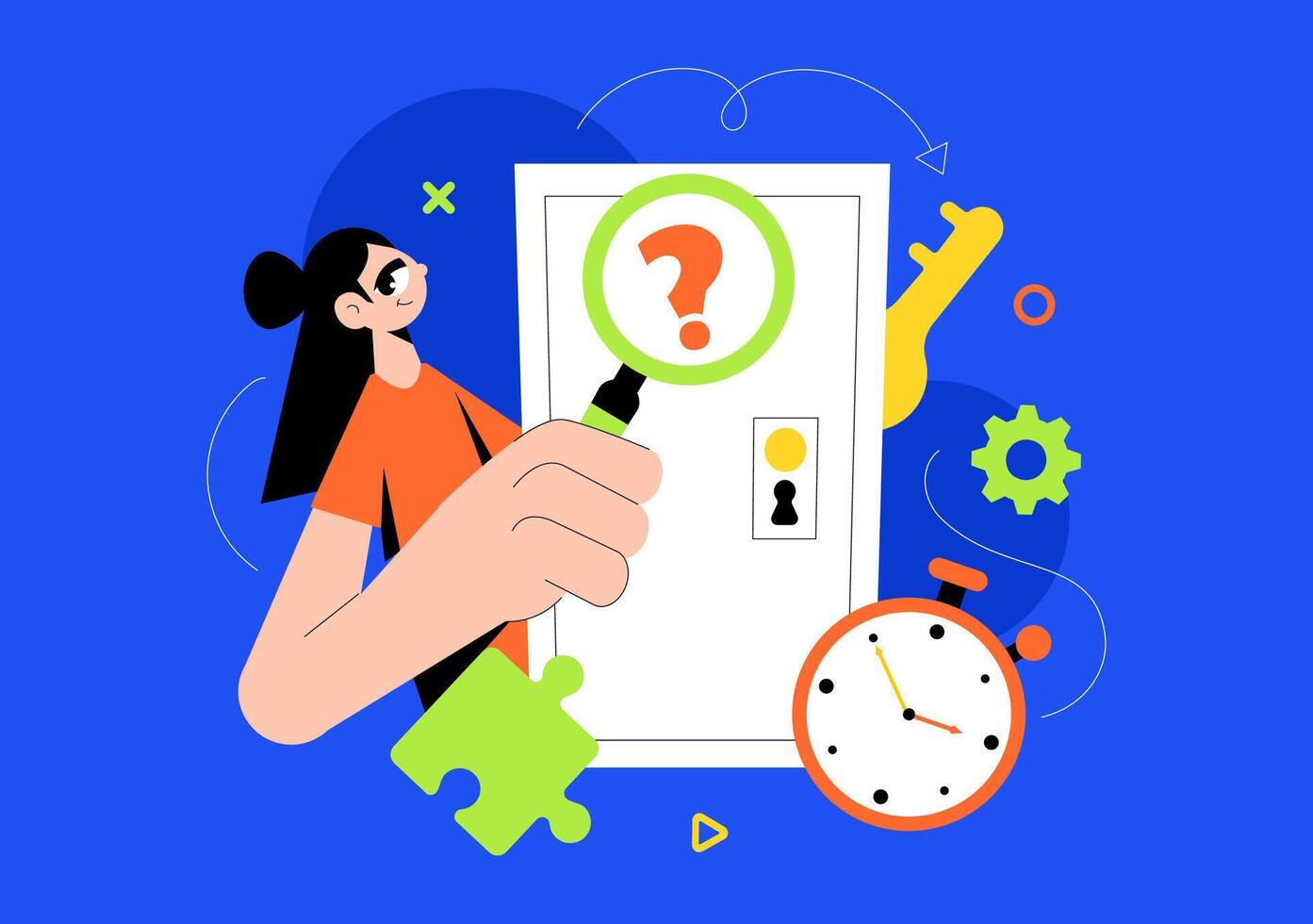 Escape Room Experience Illustration with People Finding Keys and Answering Questions vector