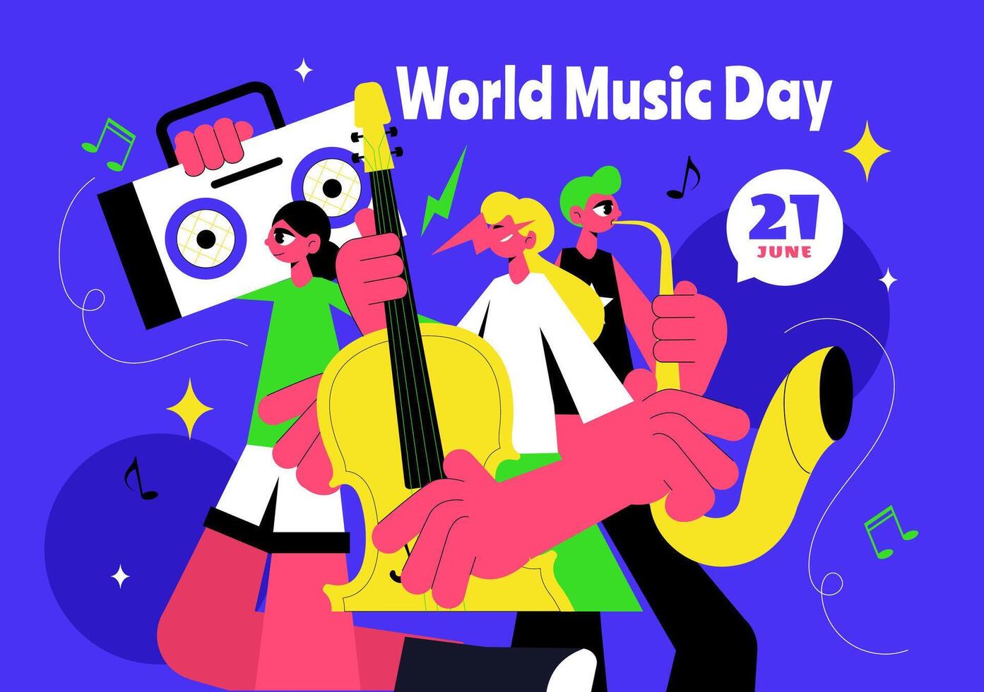 Colorful World Music Day Illustration with Sound Waves, Instruments, and Music Notes vector