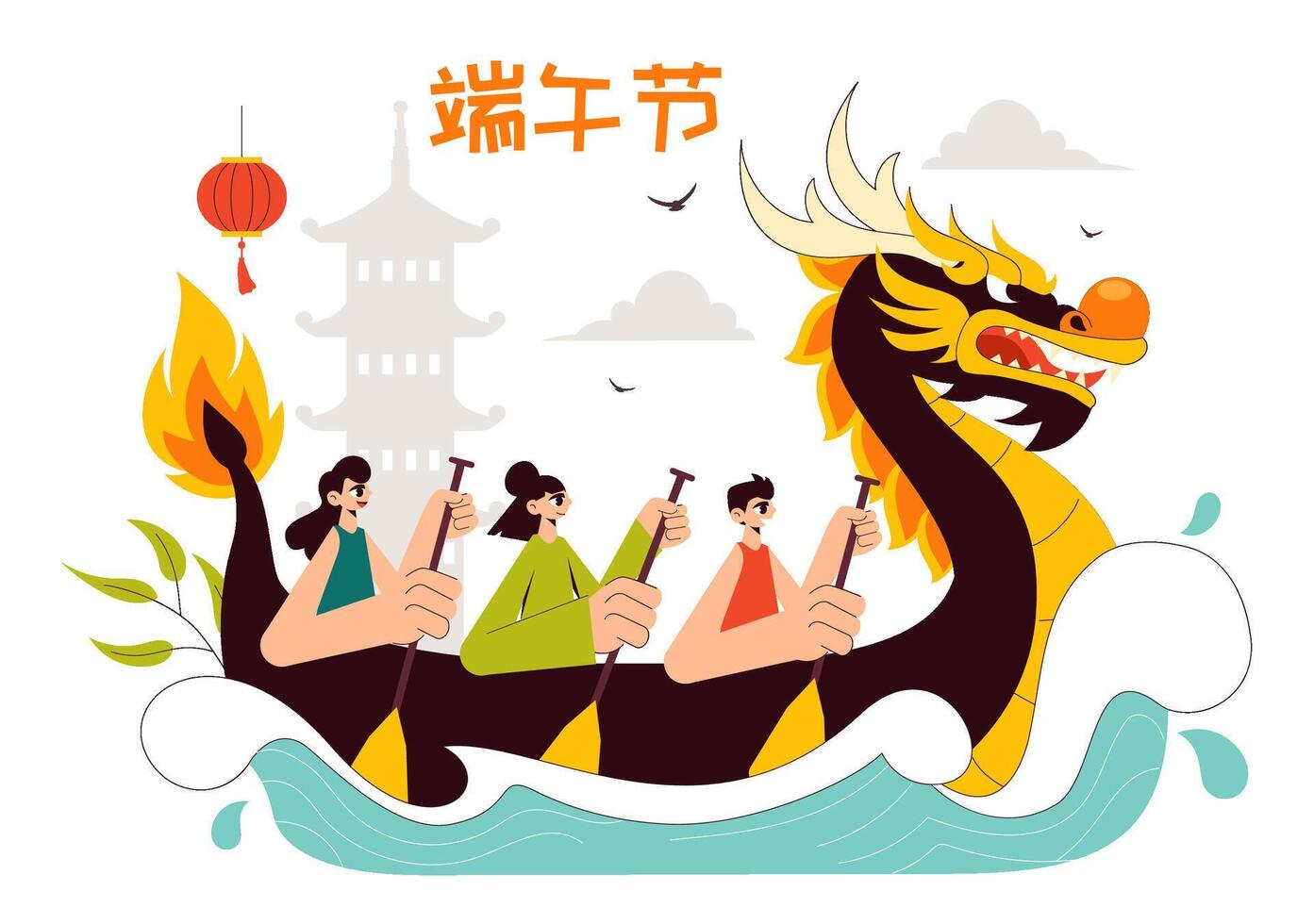 Duanwu Festival Dragon Boat Racing Scene in a Flat Cartoon Background vector