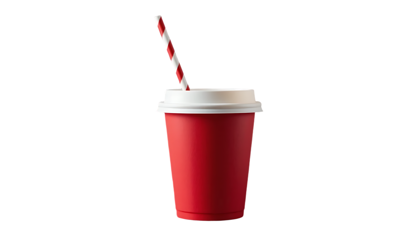 Red paper cup with white plastic lid and striped straw isolated. png
