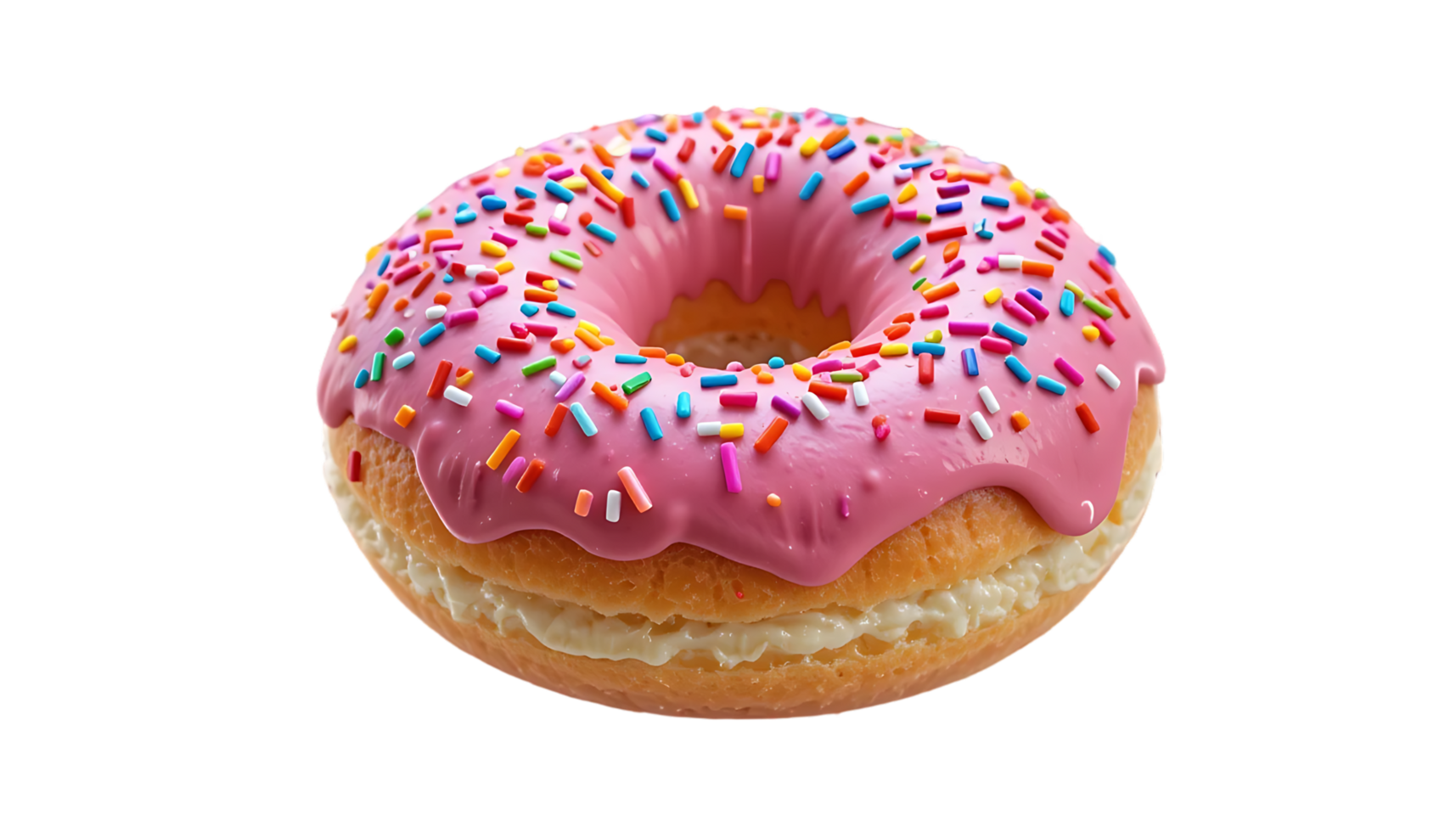 Delicious baked donut with pink frosting and colorful sprinkles, perfect for desserts. png