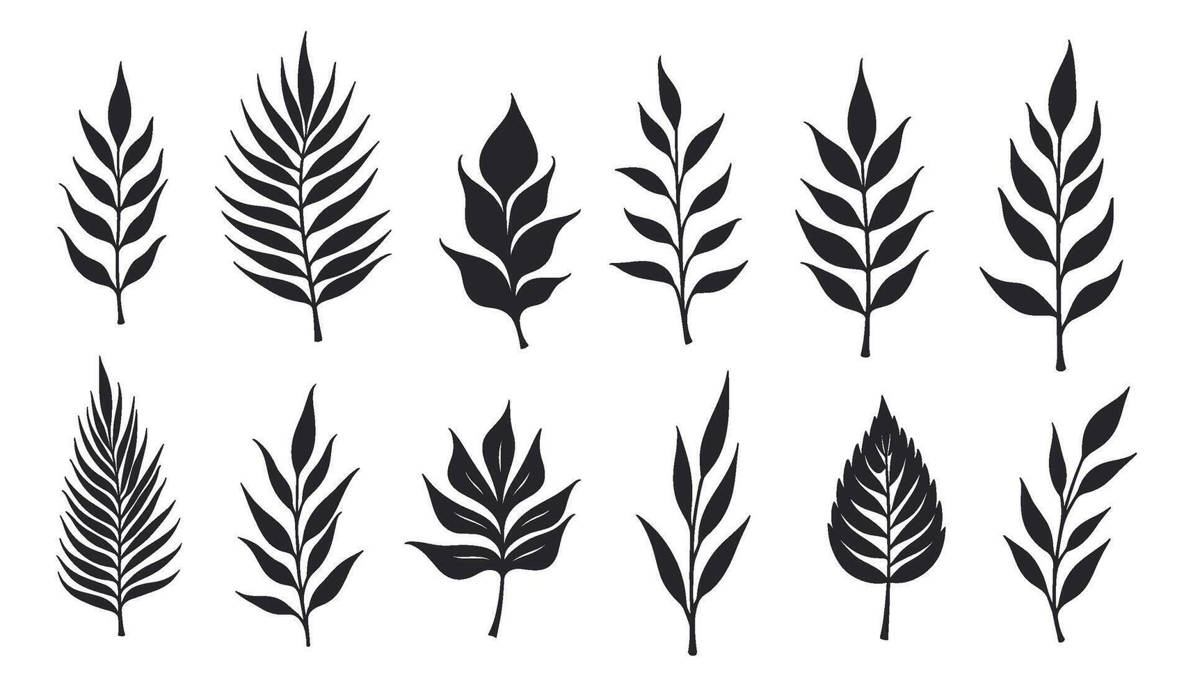 A carefully arranged set of leaf silhouettes, all in solid black. vector