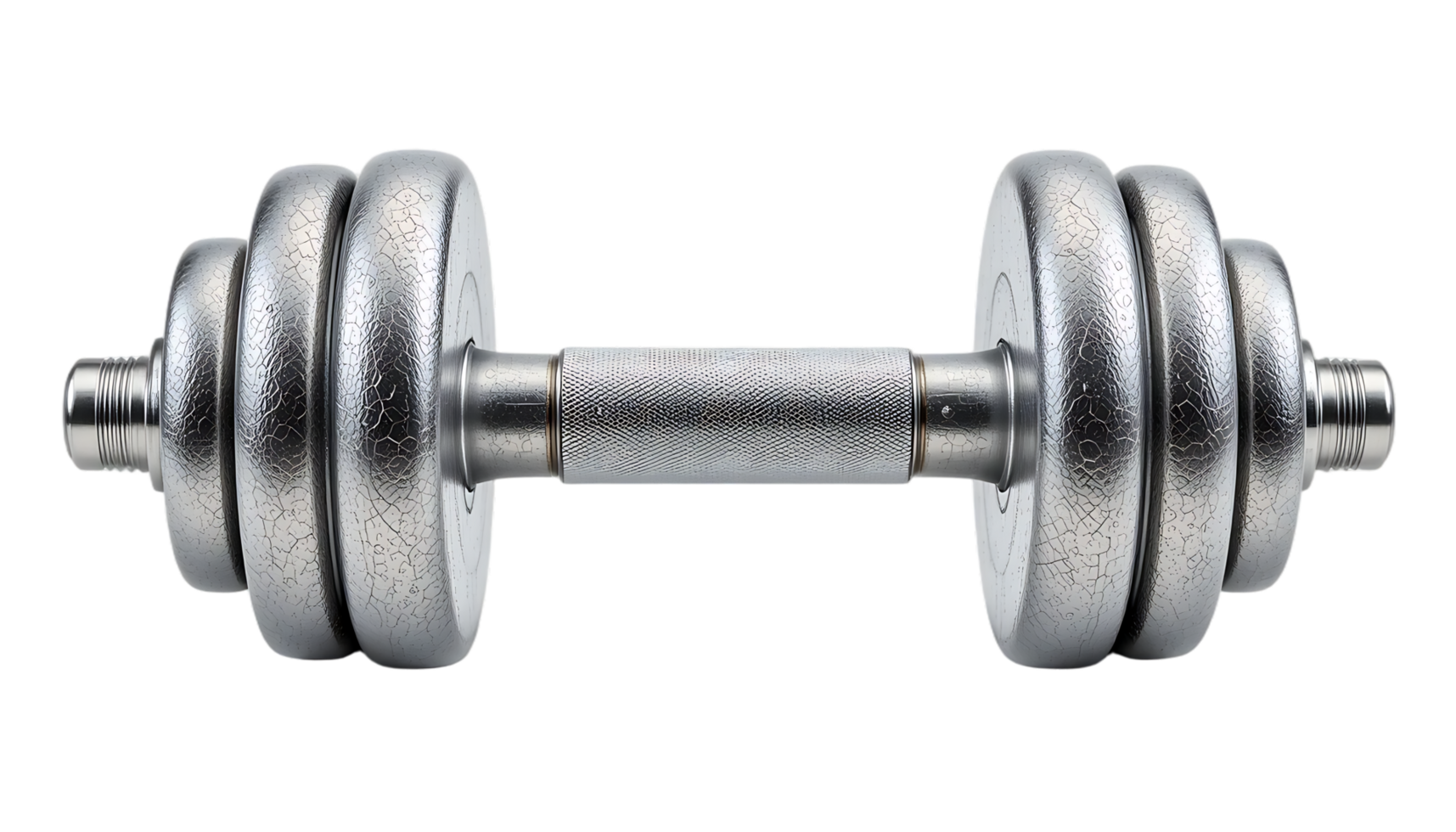 Durable metal dumbbell with sleek design, perfect for strength training, fitness workouts, and gym exercises, isolated. png