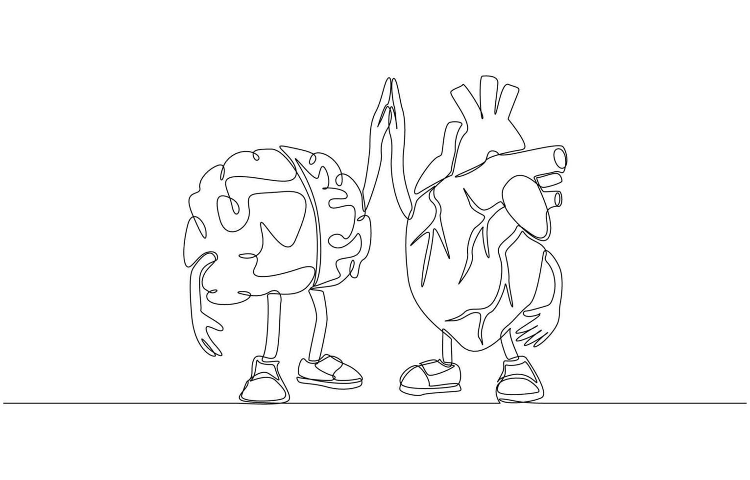 Continuous one line drawing of brain and heart character making high five gesture, brain-heart connection, relationship between mental and physical health concept, single line art vector