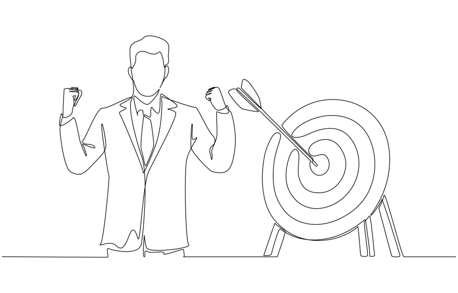 Continuous one line drawing of happy businessman clenching fists with arrow hitting bullseye, business goal accomplishment concept, single line art vector