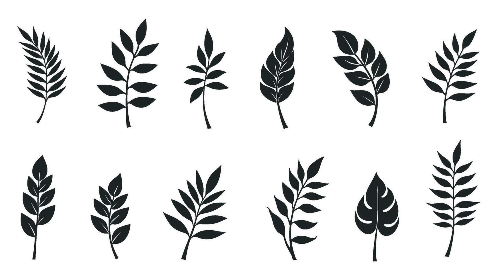 A collection of black leaf silhouettes arranged in a unified set. vector