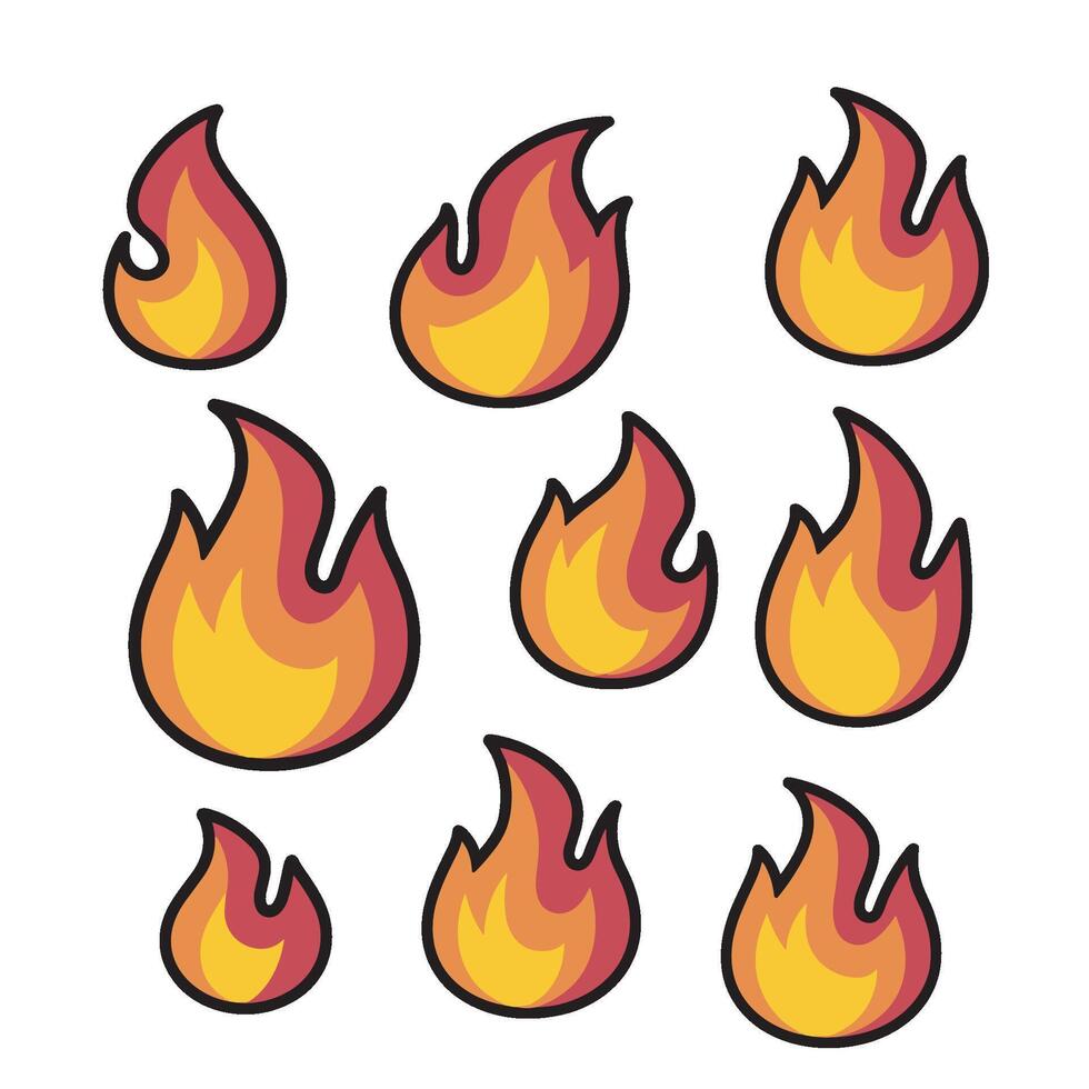 A carefully compiled set of orange flames, each icon symbolizing fire. vector