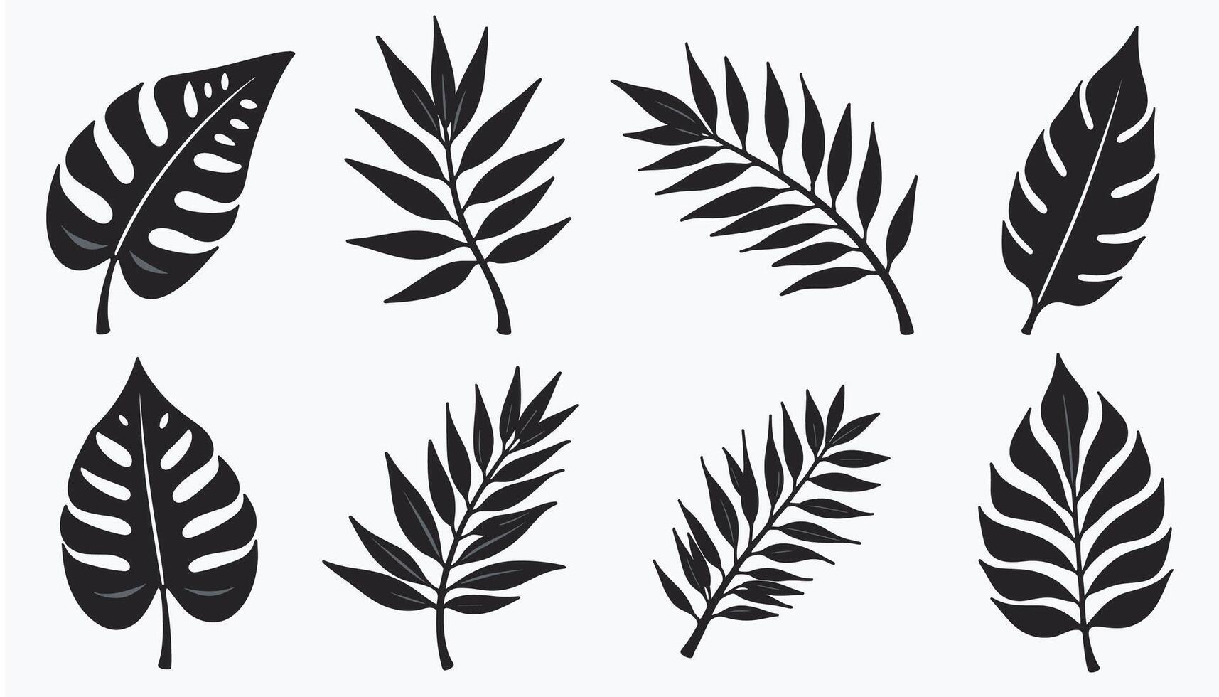 A well-curated assortment of black silhouettes of various leaf types. vector