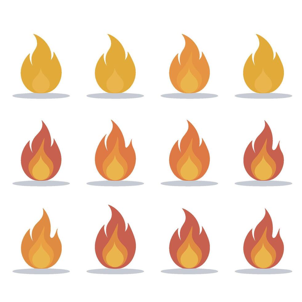 A series of flame graphics in a bright orange palette compiled together. vector