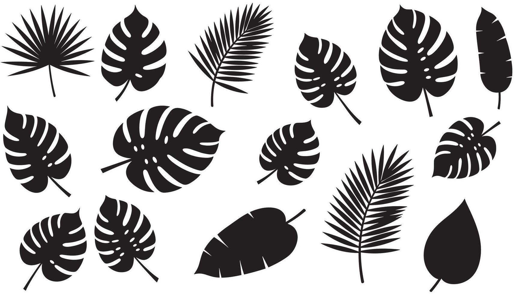 A series of dark leaf silhouettes combined into one artistic set. vector