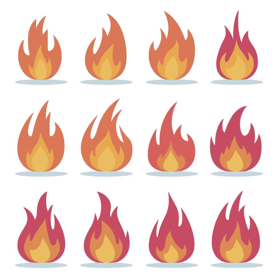 A group of uniquely designed flame symbols in bold orange tones. vector
