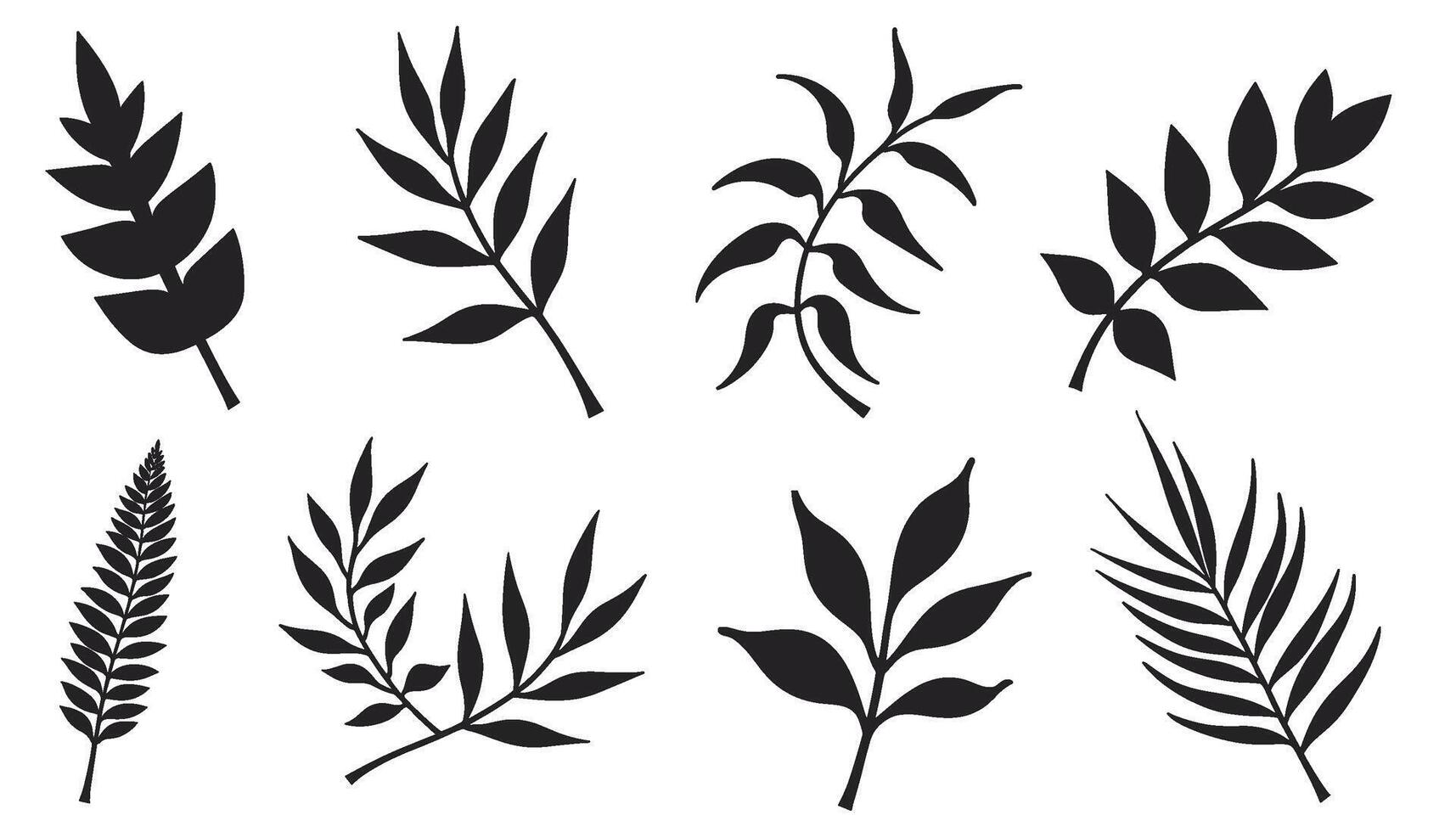 A group of different leaf silhouettes designed in a bold black color. vector