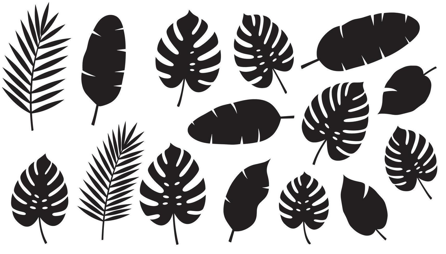A digital collection featuring a range of black leaf silhouettes. vector