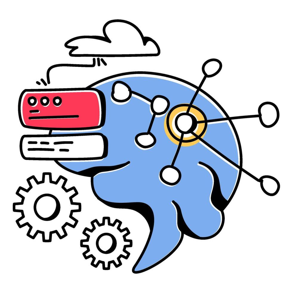 Illustration of a brain with data processing and analysis elements. Great for cognitive science, AI research vector