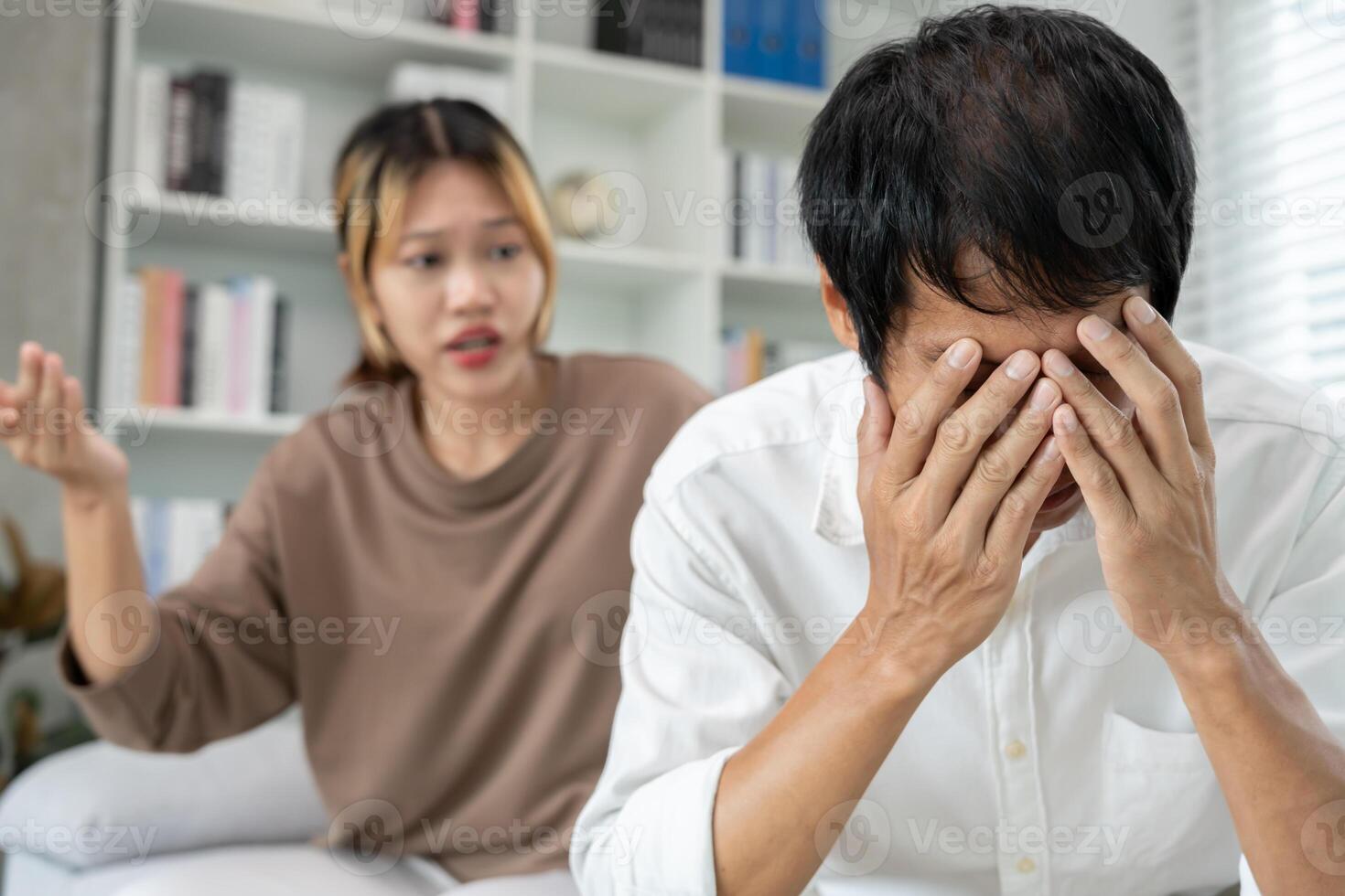 desperate and disappointed after marriage. Husband and wife are sad, upset and frustrated after quarrels. distrust, love problems, betrayals. family problem. photo