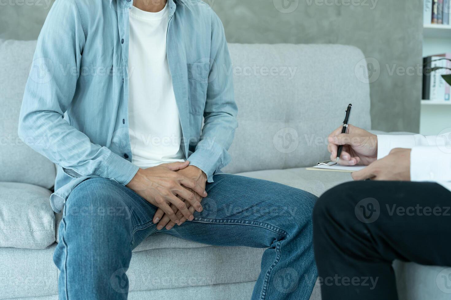 Man hold hand in front of private parts feeling discomfort and consult doctor. Venereal, testicular cancer. bladder problems, erectile dysfunction premature ejaculation. photo