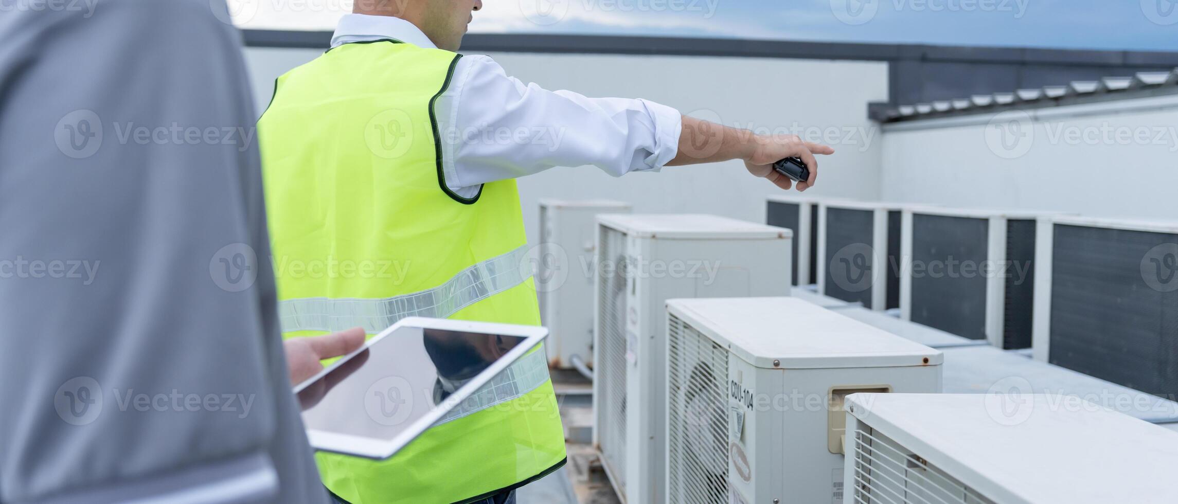 check air condition systems on site. Contractor and inspector inspection compressor during project. maintenance team check quality assurance. Audit, inspect, quality control. photo