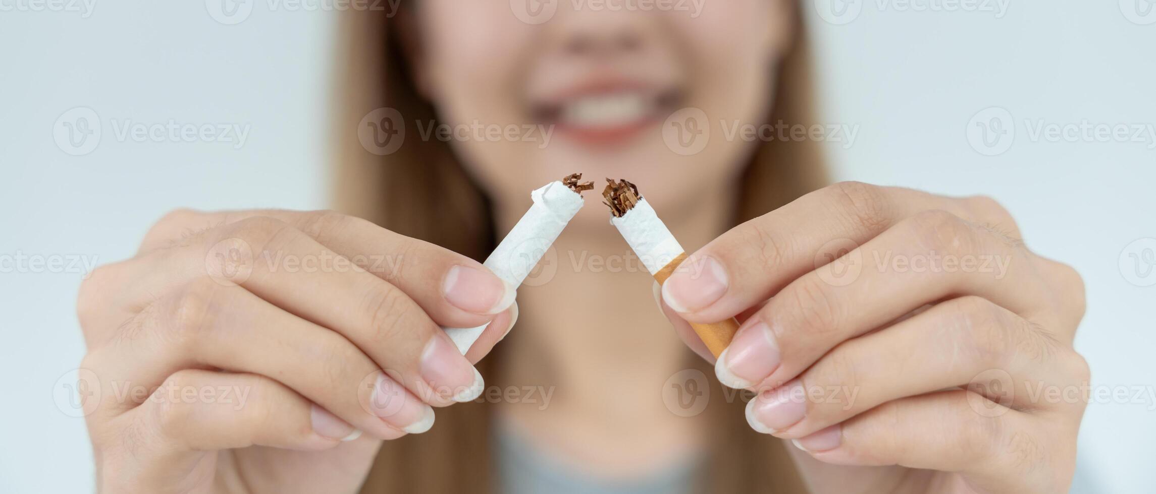 Woman stop smoke, refuse, reject, break take cigarette, say no. quit smoking for health. world tobacco day. drugs, Lung Cancer, emphysema , Pulmonary disease, narcotic photo