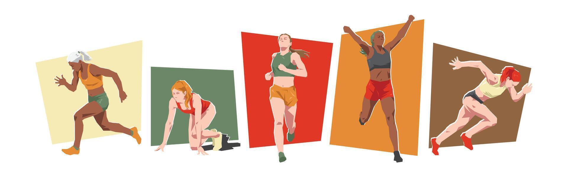 Set of female sprinter runner with different pose, gesture. Isolated on white background. Graphic illustration. vector
