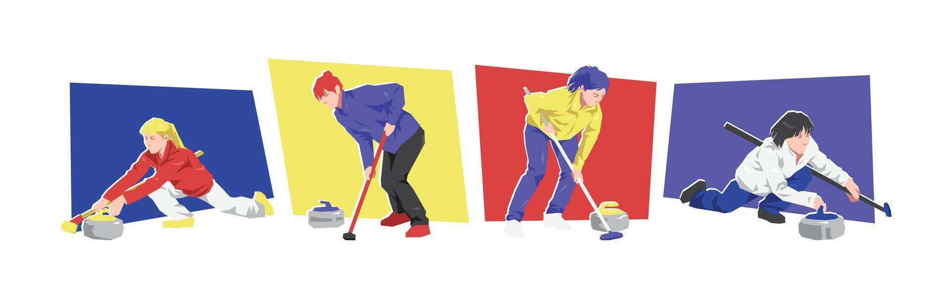 Set of female curling athlete players with different poses. Isolated on white background. Flat character illustration. vector