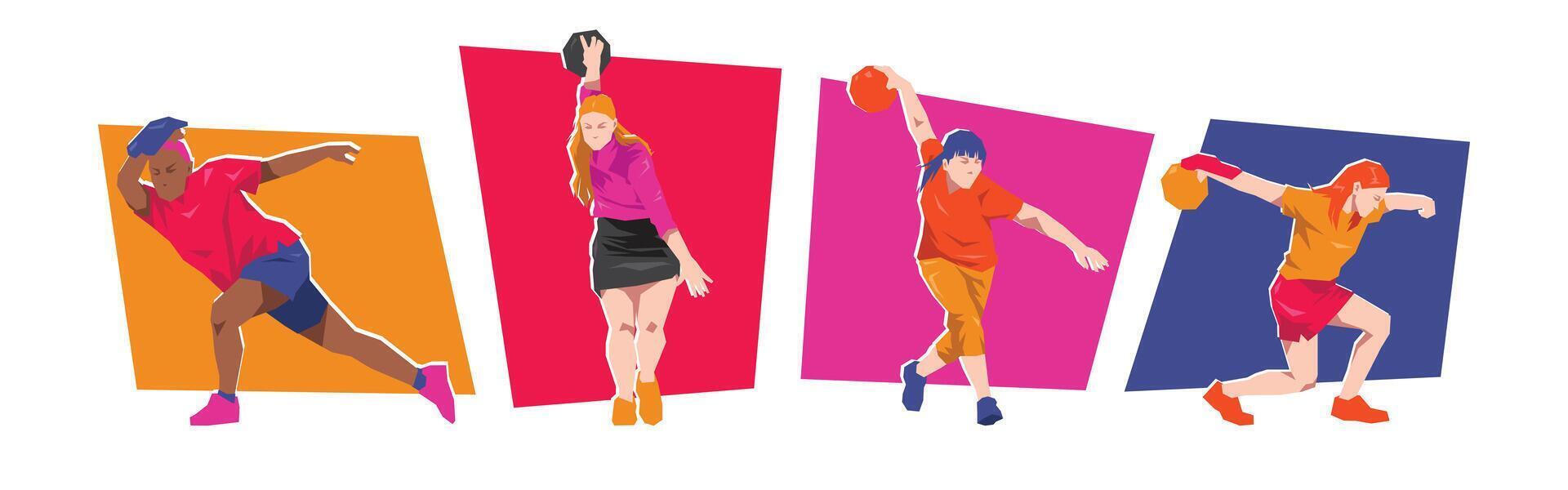 Set of female playing bowling with different poses. Isolated on white background. Flat character illustration vector