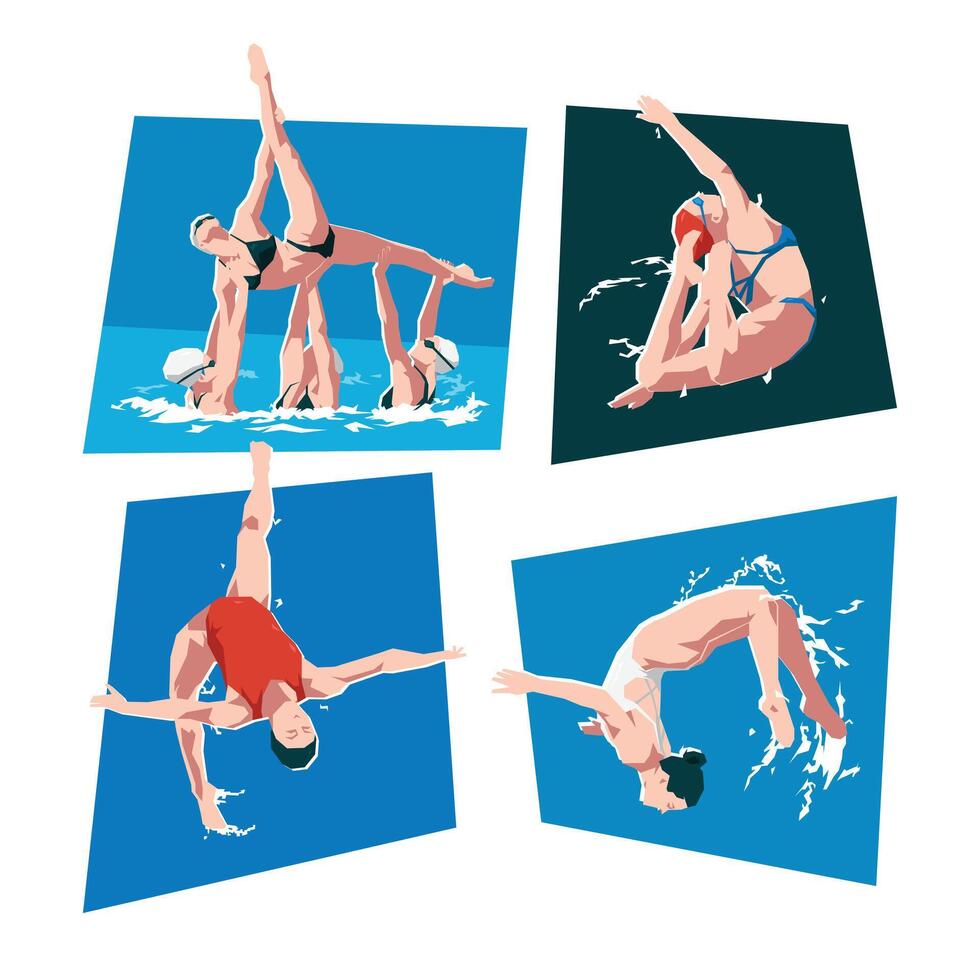 Set of synchronized swimming. Artistic swimming, water sport. Flat illustration. vector