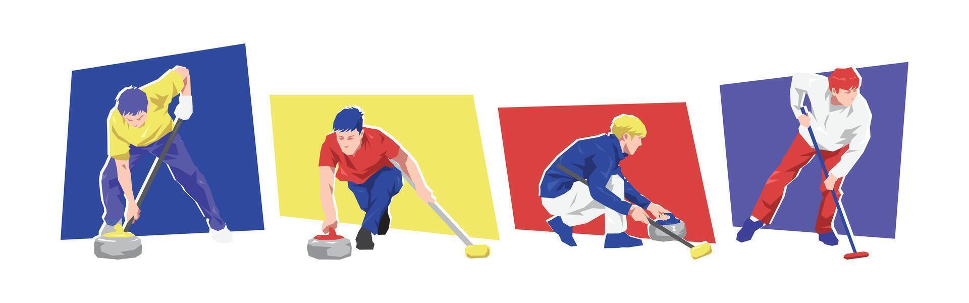 Set of male curling athlete players with different poses. Isolated on white background. Flat character illustration. vector