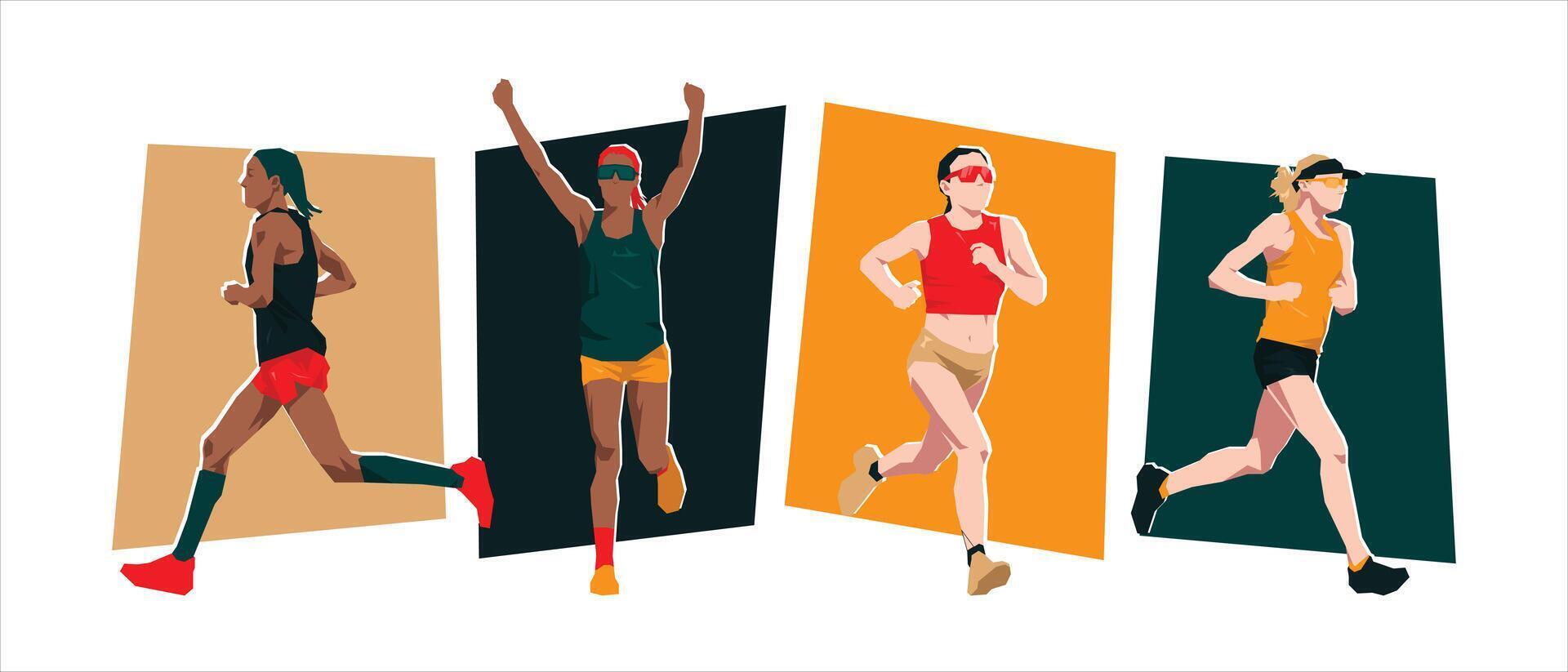 Set of female marathon runner with different pose, gesture. Isolated on white background. Graphic illustration. vector