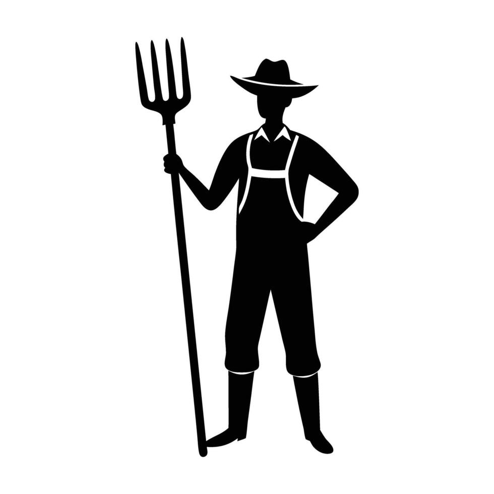 Determined farmer holding a pitchfork standing confidently in isolated silhouette for rural strength vector
