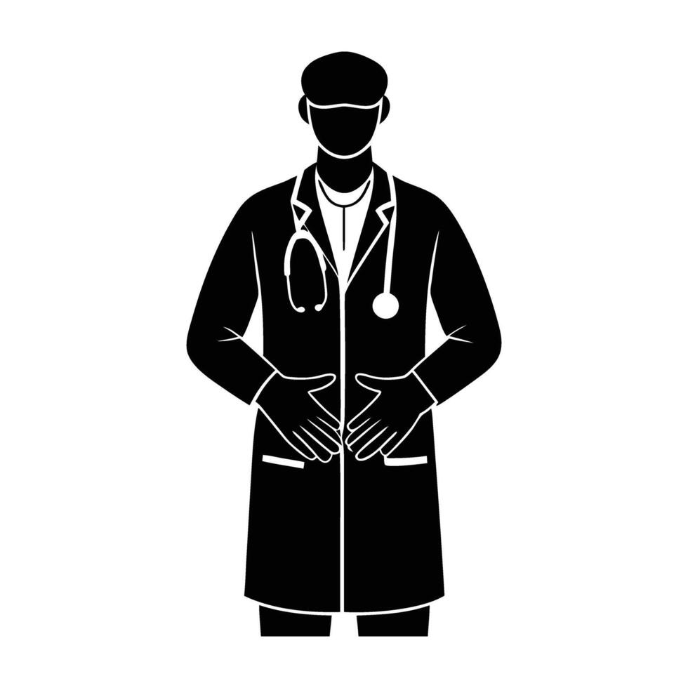 Professional doctor in surgical gloves exhibiting strict clinical protocols on white background vector