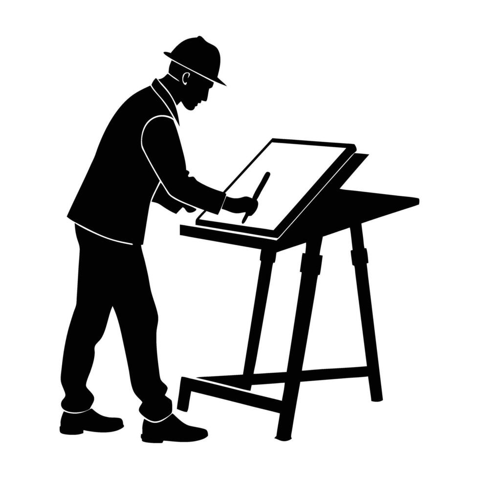 Focused engineer adjusting blueprints on a drafting table in isolated silhouette design vector
