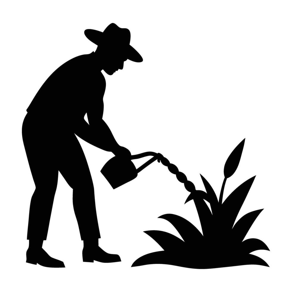 Energetic farmer watering crops using a garden hose in clear silhouette vector