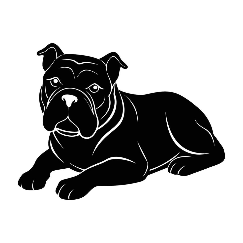Charming bulldog lying down with head resting on paws in isolated line art silhouette composition vector
