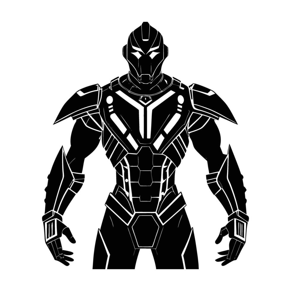 Futuristic exoskeleton suit with robotic enhancements showcased in isolated silhouette for advanced mobility vector