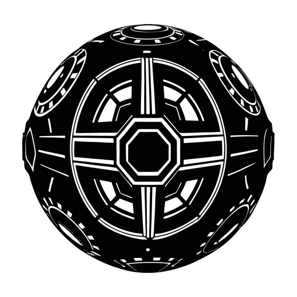 Advanced robotic sphere in mid air executing hover in clean isolated silhouette style vector