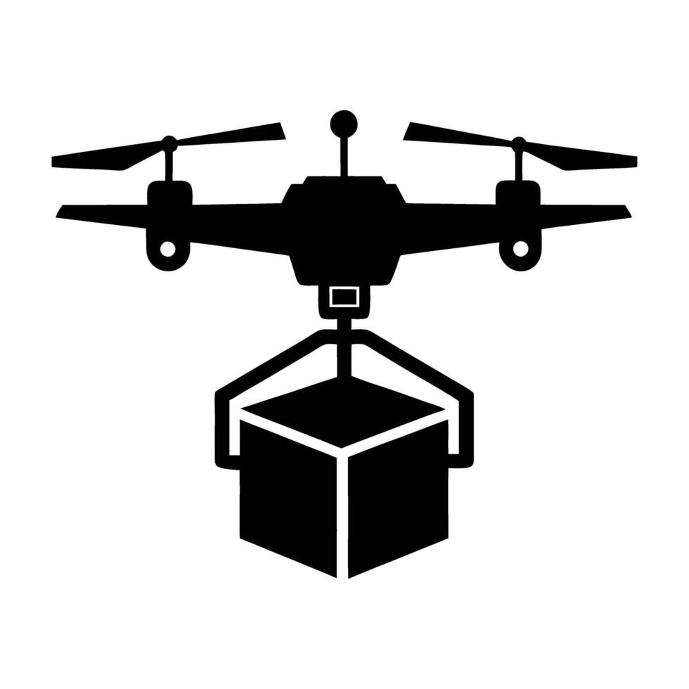 Sleek silhouette depicting an autonomous drone transporting a package on a white background vector