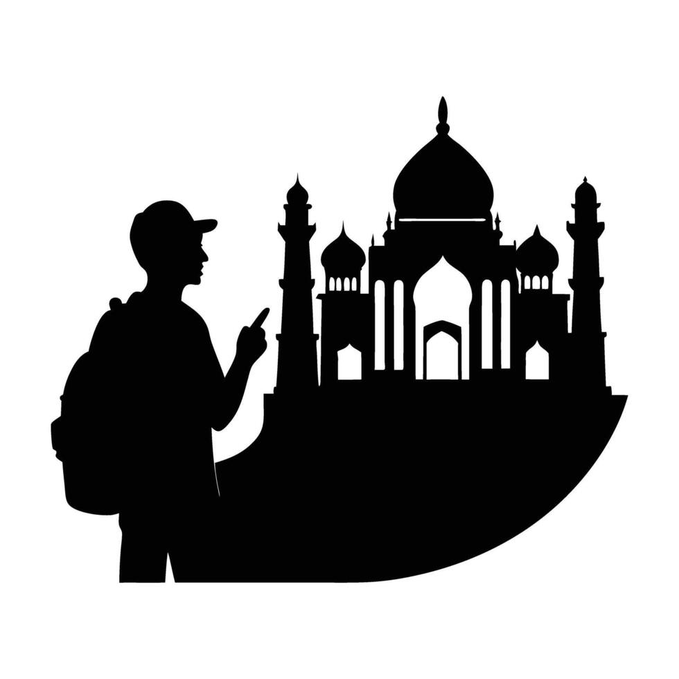 Detailed silhouette of an AR tourist admiring historical landmarks on a bright white background vector