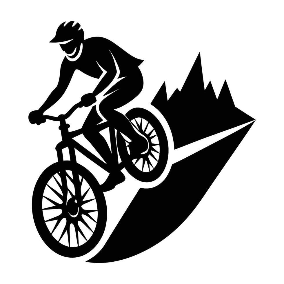 Adventurous black mountain biker navigating rugged trails with determined silhouette style vector