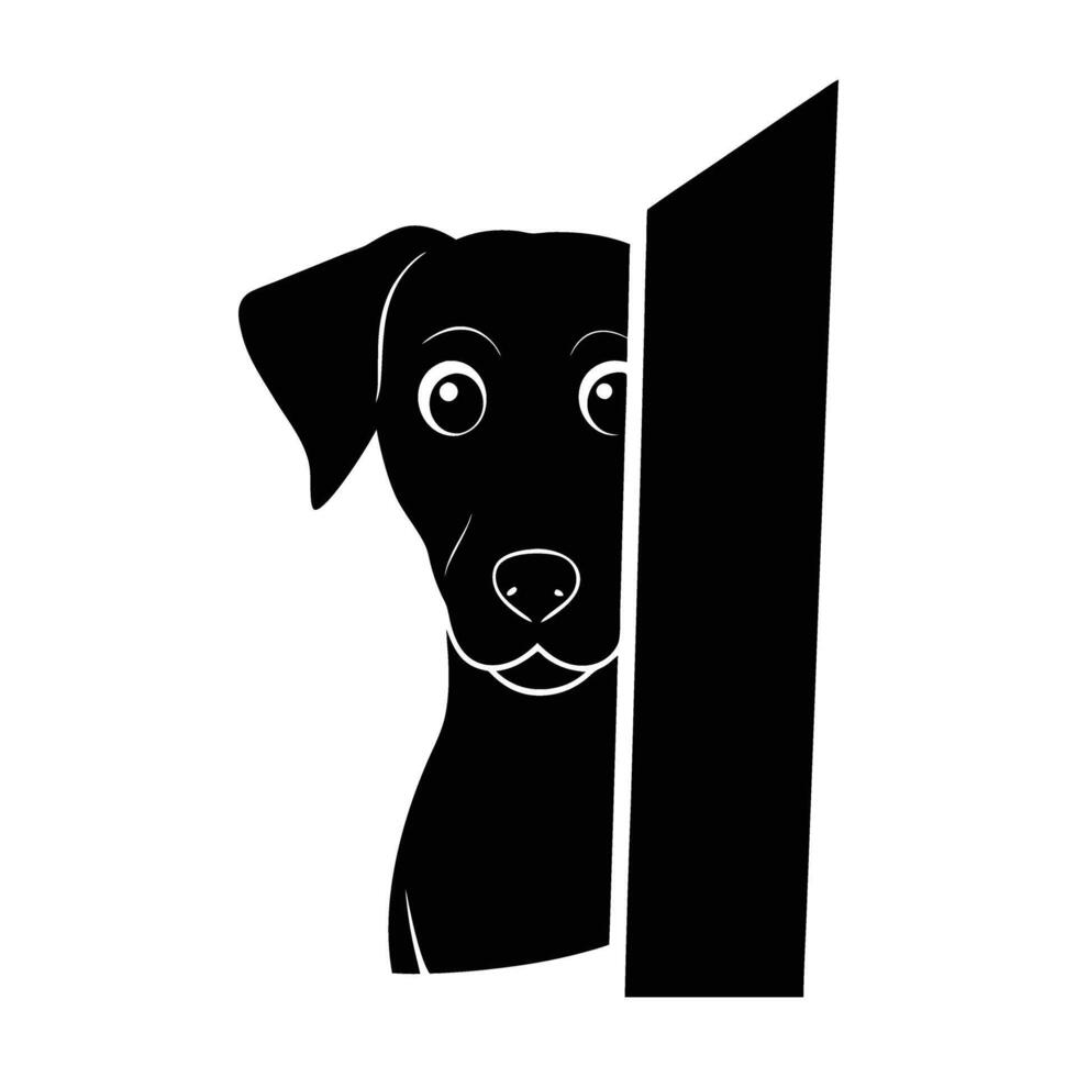 Friendly curious dog peeking around a corner with attentive eyes in silhouette vector