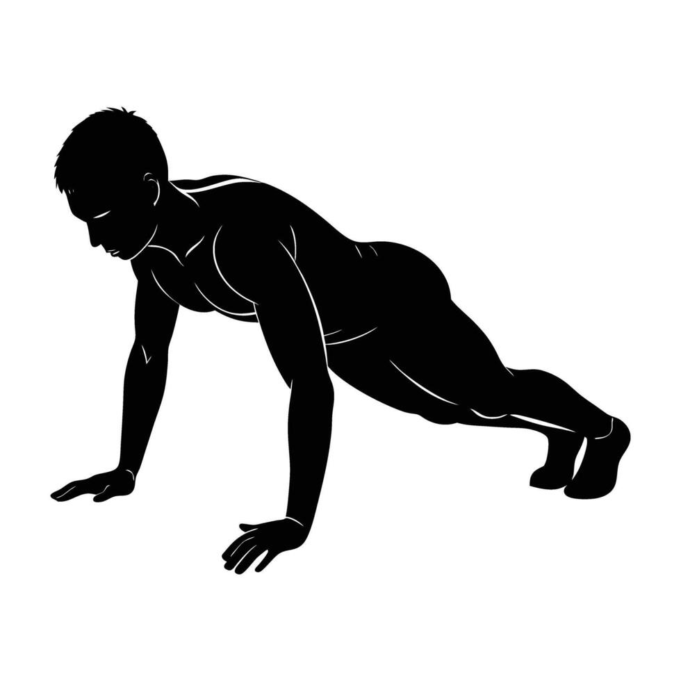 Robust black man in a push up position showing impressive fitness in silhouette vector