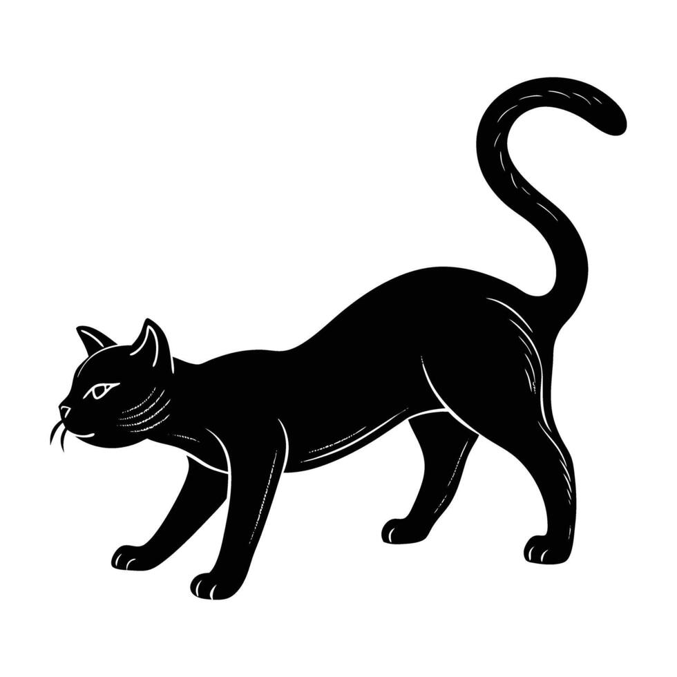 Relaxed cat stretching front legs forward after a refreshing nap in clear silhouette vector