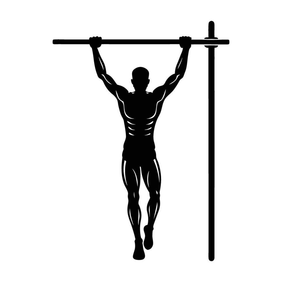 Energetic silhouette of an athlete performing pull ups on a bar against white background vector